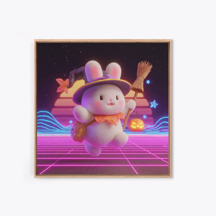 The Bunny Witch, Retro Neon Halloween Art, Square Wall Art, Framed Canvas Print, Retro Halloween Decor, Neon Wall Art