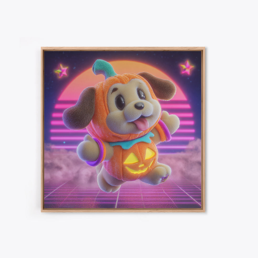 The Pumpkin Puppy, 80s Halloween Wall Art, Square Wall Art, Canvas Print, Retro Halloween Decor, Neon Wall Art, Collectible Wall Decor