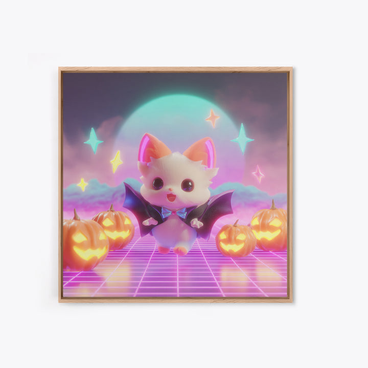 The Kitten Vampire, Vaporwave Halloween Decor, Square Wall Art, Canvas Print, Retro Halloween Decor, Neon Wall Art, Collectible Wall Decor