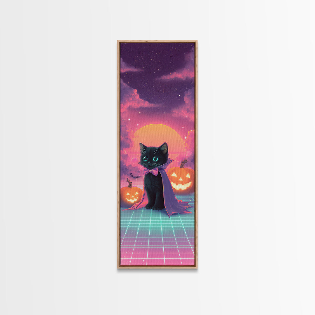 The Kitten Vampire, 80s Halloween Wall Art, Tall Narrow Wall Art, Framed Canvas Print, Retro Halloween Decor, Neon Wall Art