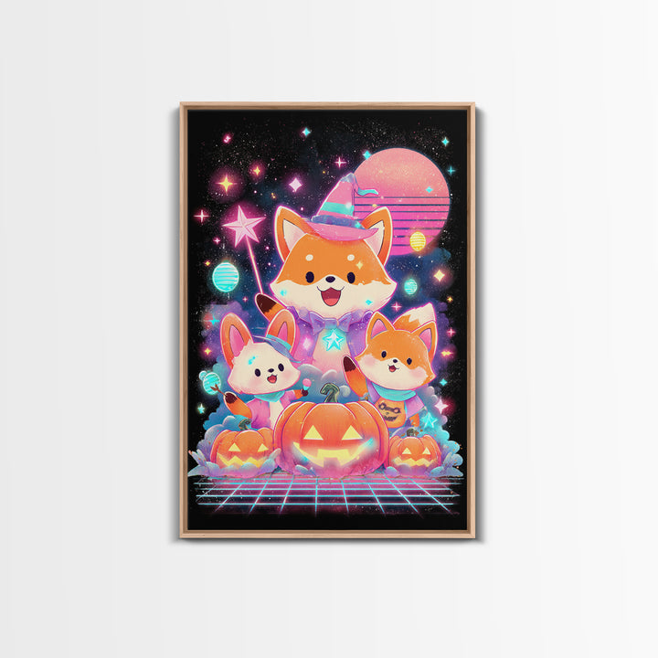 The Fox Wizard, Cute Spooky Neon Art, Vertical Wall Art, Framed Canvas Print, Retro Halloween Decor, Neon Wall Art, Horror Wall Art