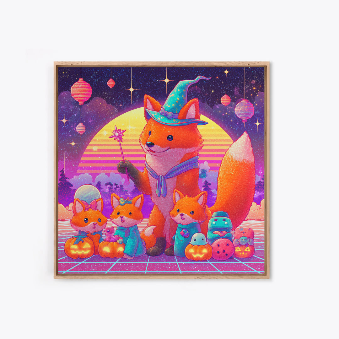 The Fox Wizard, 80s Halloween Wall Art, Square Wall Art, Framed Canvas Print, Retro Halloween Decor, Neon Wall Art, Gothic Home Decor