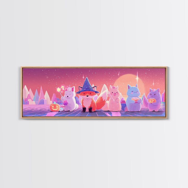 The Fox Wizard, Synthwave Halloween Art, Extra Wide Wall Art, Framed Canvas Print, Retro Halloween Decor, Neon Wall Art, Gothic Home Decor
