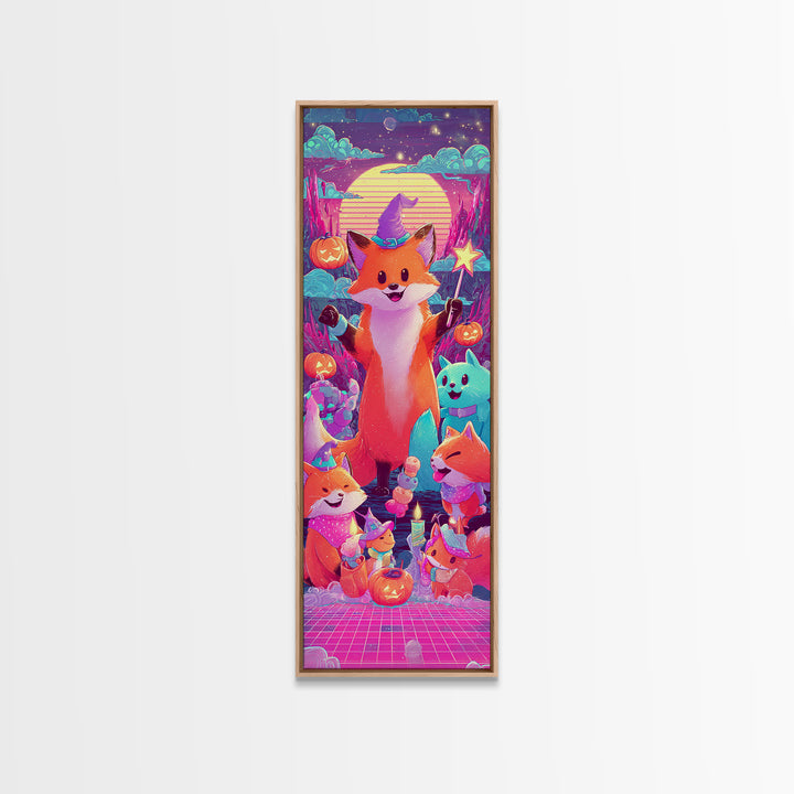 The Fox Wizard, 80s Halloween Wall Art, Tall Narrow Wall Art, Canvas Print, Retro Halloween Decor, Neon Wall Art, Dark Fantasy Art