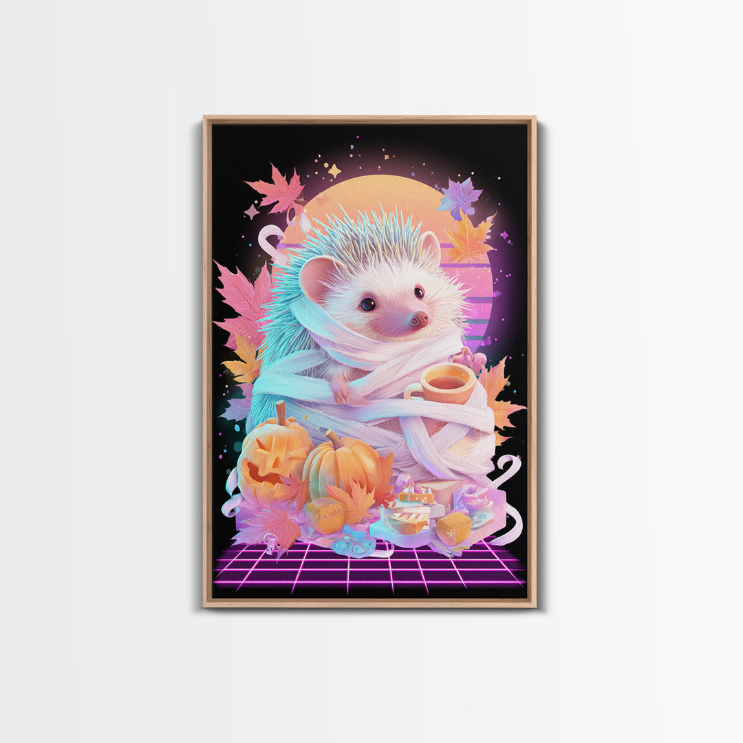The Hedgehog Mummy, Retro Neon Halloween Art, Vertical Wall Art, Canvas Print, Retro Halloween Decor, Neon Wall Art, Macabre Wall Art