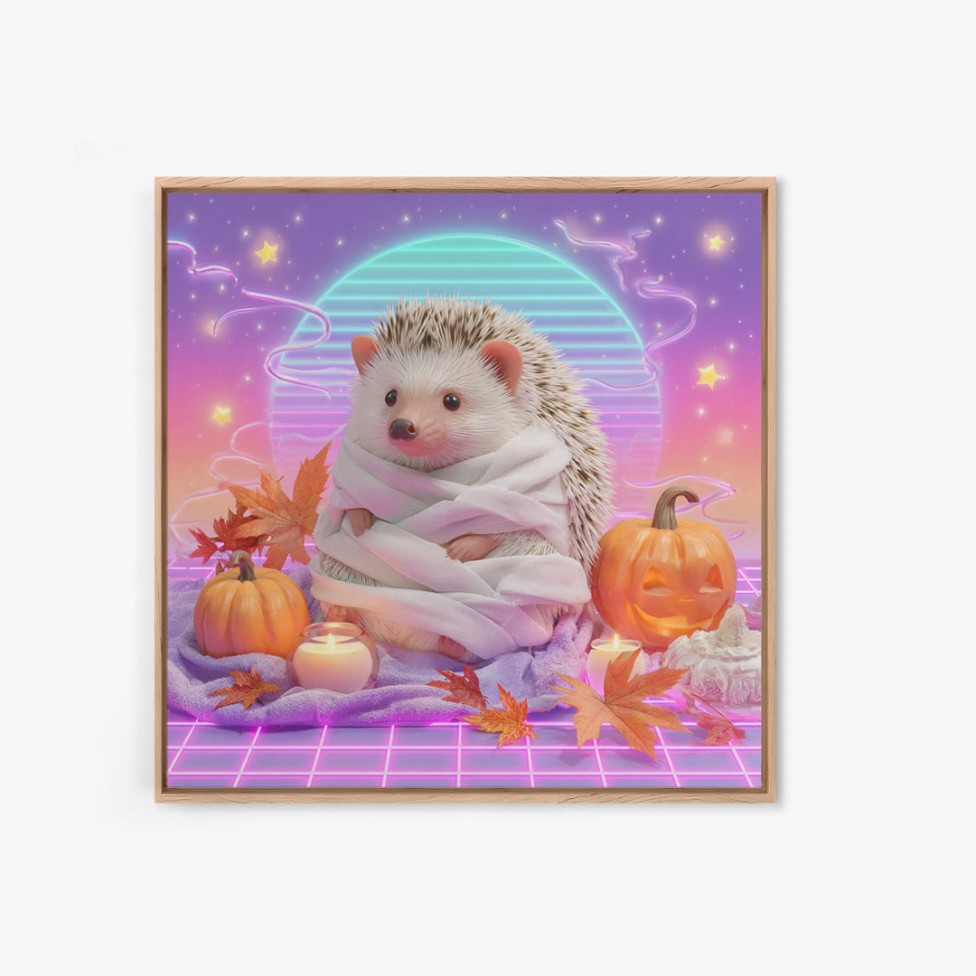 The Hedgehog Mummy, Retro Neon Halloween Art, Square Wall Art, Framed Canvas Print, Retro Halloween Decor, Neon Wall Art