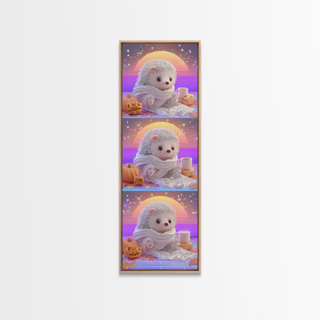 The Hedgehog Mummy, 80s Halloween Wall Art, Tall Narrow Wall Art, Framed Canvas Print, Retro Halloween Decor, Neon Wall Art