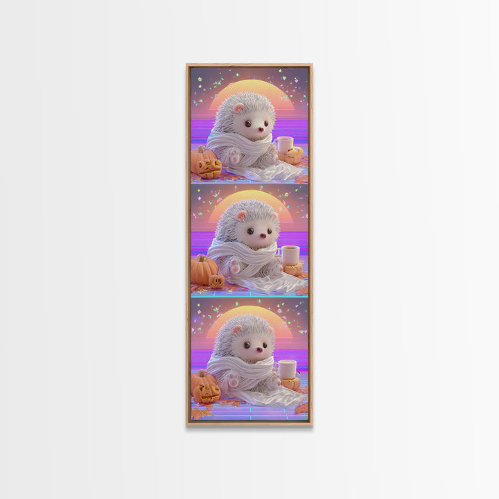 The Hedgehog Mummy, 80s Halloween Wall Art, Tall Narrow Wall Art, Framed Canvas Print, Retro Halloween Decor, Neon Wall Art