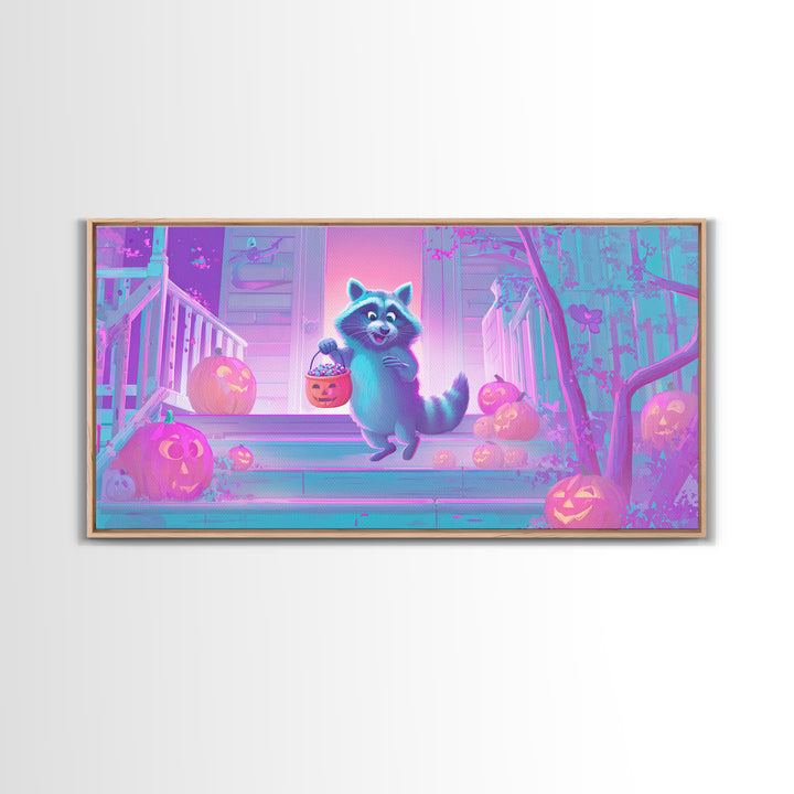 The Raccoon Trick-Or-Treater, Cute Spooky Neon Art, Wide Panoramic Art, Canvas Print, Retro Halloween Decor, Neon Wall Art