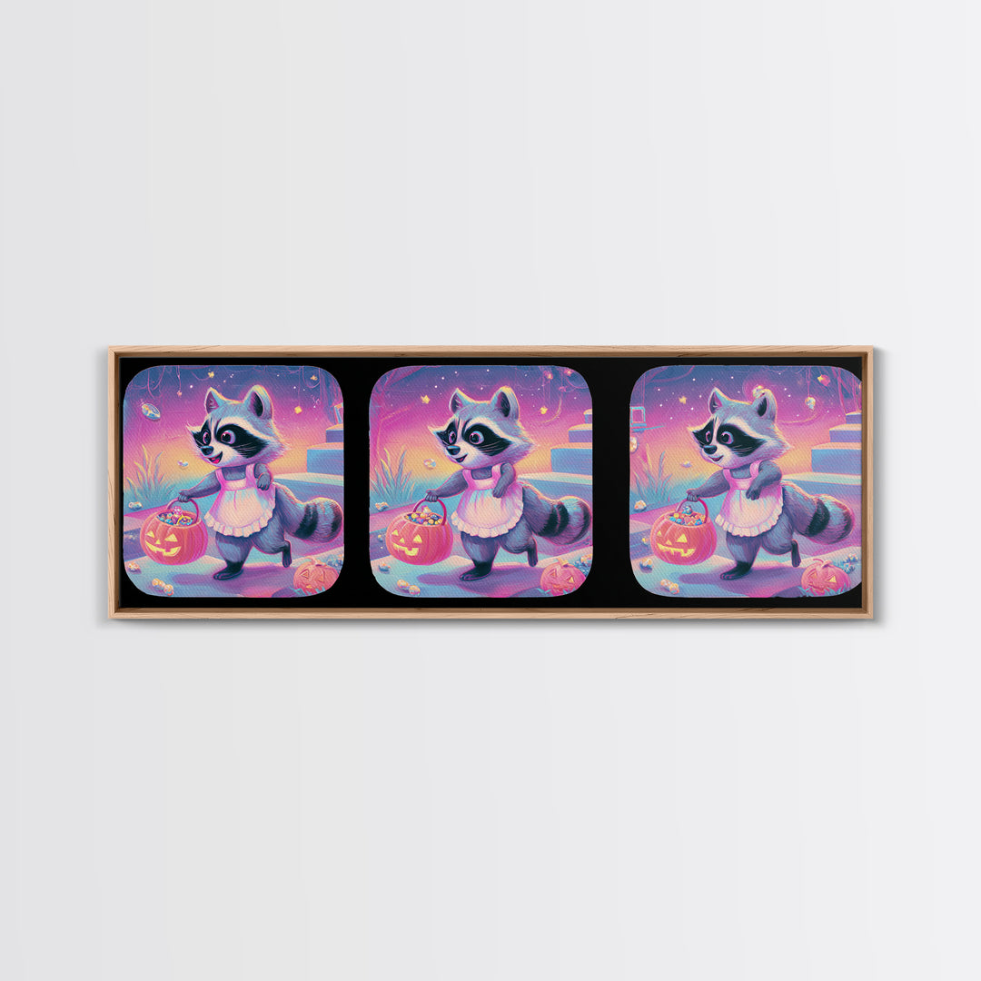 The Raccoon Trick-Or-Treater, Retro Neon Halloween Art, Extra Wide Wall Art, Framed Canvas Print, Retro Halloween Decor, Neon Wall Art