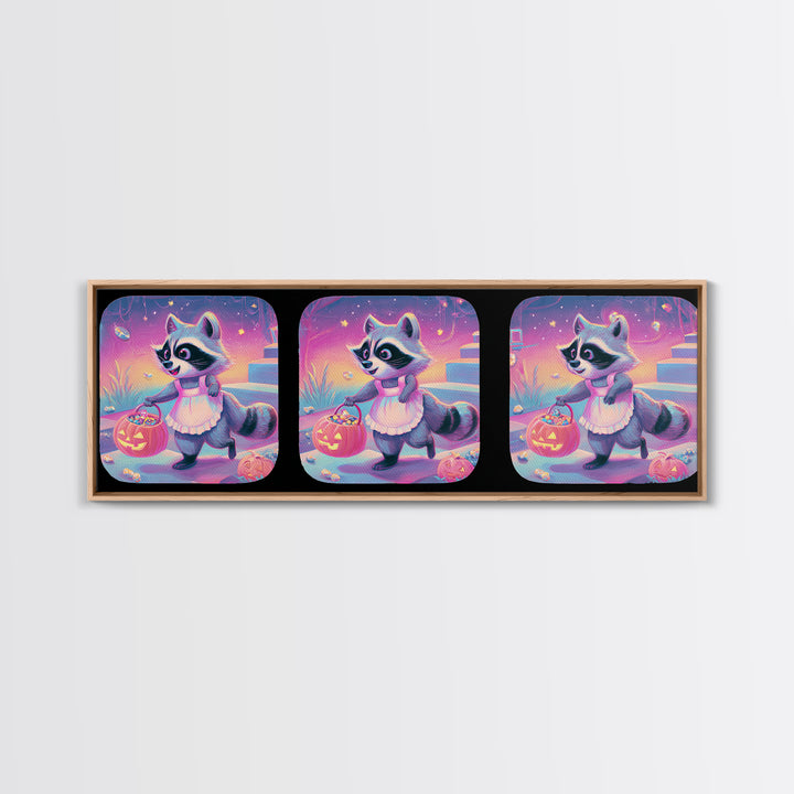 The Raccoon Trick-Or-Treater, Retro Neon Halloween Art, Extra Wide Wall Art, Framed Canvas Print, Retro Halloween Decor, Neon Wall Art
