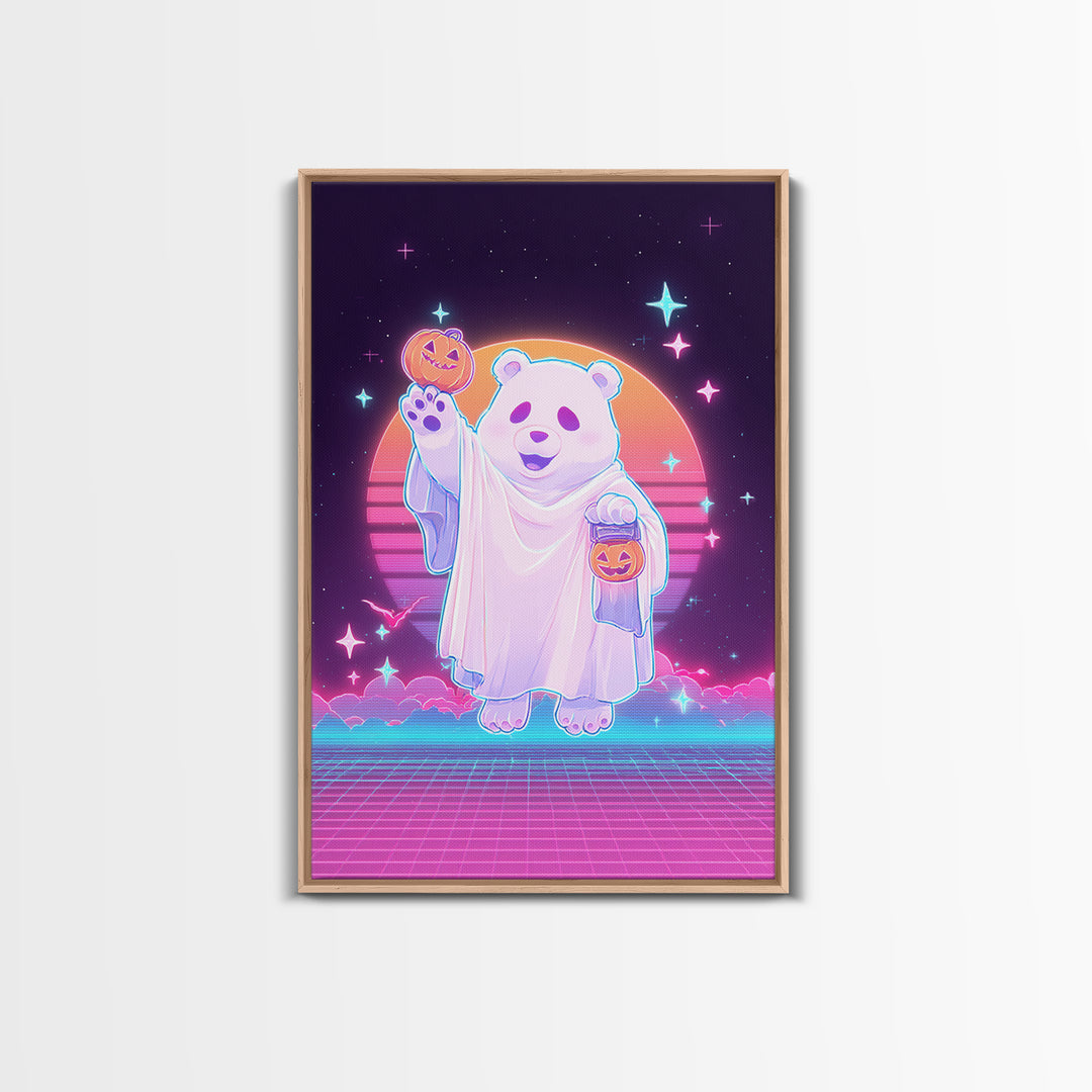 The Bear Cub Ghost, Vaporwave Halloween Decor, Vertical Wall Art, Framed Canvas Print, Retro Halloween Decor, Neon Wall Art, Horror Wall Art