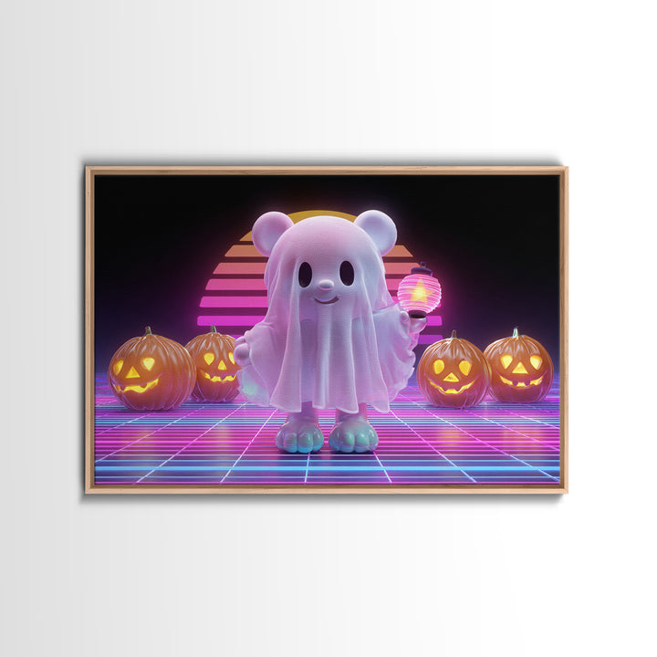 The Bear Cub Ghost, 80s Halloween Wall Art, Landscape Wall Art, Framed Canvas Print, Retro Halloween Decor, Neon Wall Art