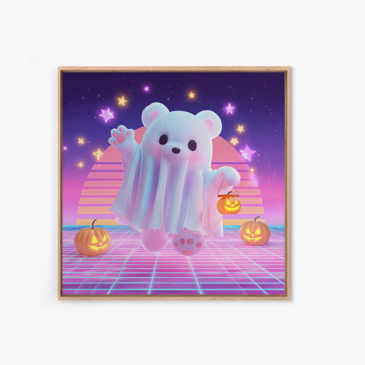 The Bear Cub Ghost, 80s Halloween Wall Art, Square Wall Art, Framed Canvas Print, Retro Halloween Decor, Neon Wall Art