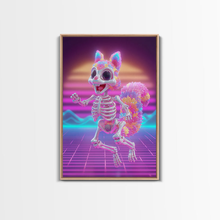 The Squirrel Skeleton, Vaporwave Halloween Decor, Vertical Wall Art, Canvas Print, Retro Halloween Decor, Neon Wall Art