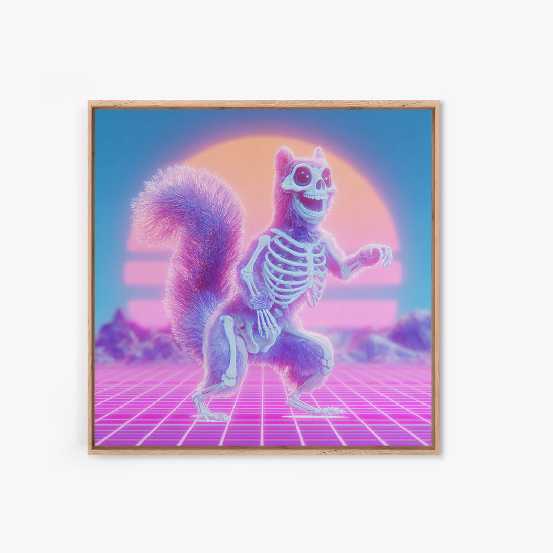 The Squirrel Skeleton, Cute Spooky Neon Art, Square Wall Art, Canvas Print, Retro Halloween Decor, Neon Wall Art, Spooky Wall Decor