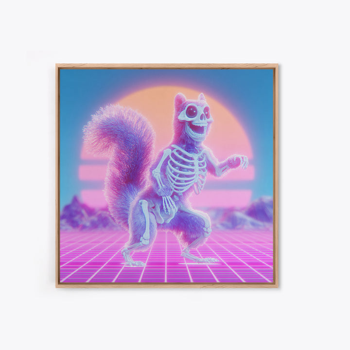 The Squirrel Skeleton, Cute Spooky Neon Art, Square Wall Art, Canvas Print, Retro Halloween Decor, Neon Wall Art, Spooky Wall Decor