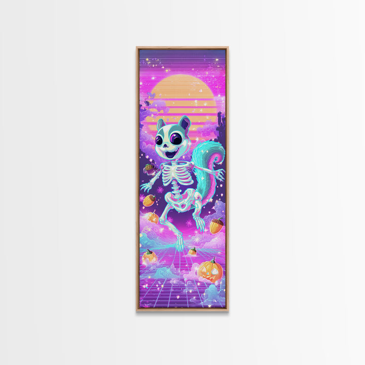 The Squirrel Skeleton, Synthwave Halloween Art, Tall Narrow Wall Art, Framed Canvas Print, Retro Halloween Decor, Neon Wall Art