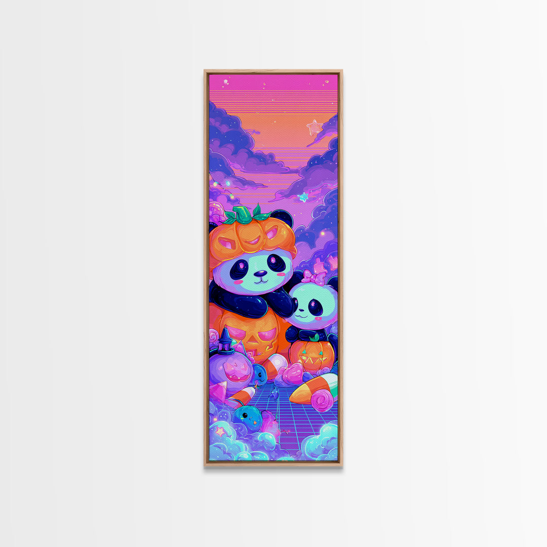 The Panda Pumpkin, 80s Halloween Wall Art, Tall Narrow Wall Art, Framed Canvas Print, Retro Halloween Decor, Neon Wall Art