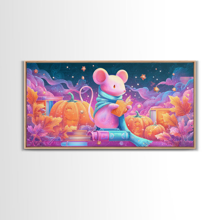 The Magician Mouse, 80s Halloween Wall Art, Wide Panoramic Art, Canvas Print, Retro Halloween Decor, Neon Wall Art, Dark Fantasy Art