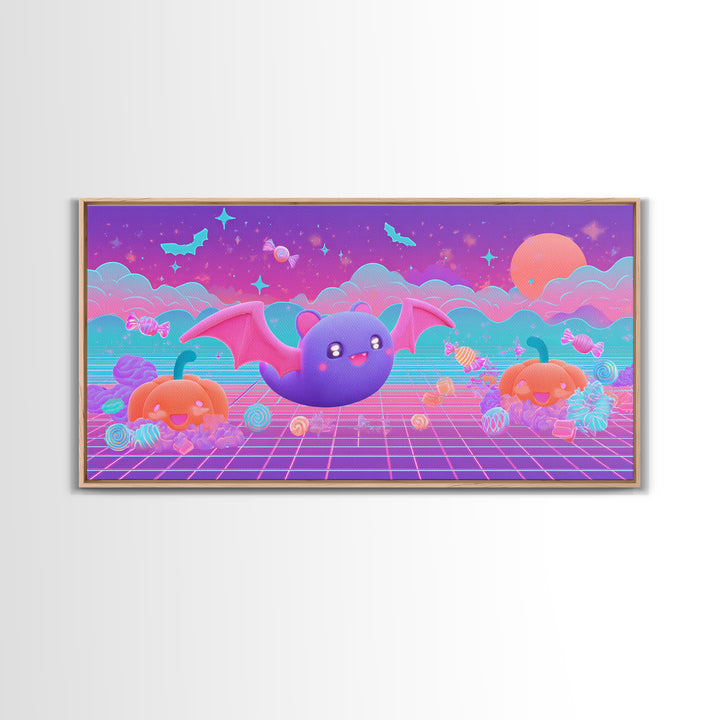 The Bat-Winged Otter, 80s Halloween Wall Art, Wide Panoramic Art, Framed Canvas Print, Retro Halloween Decor, Neon Wall Art