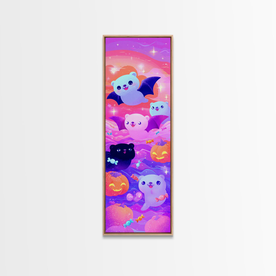 The Bat-Winged Otter, Vaporwave Halloween Decor, Tall Narrow Wall Art, Framed Canvas Print, Retro Halloween Decor, Neon Wall Art