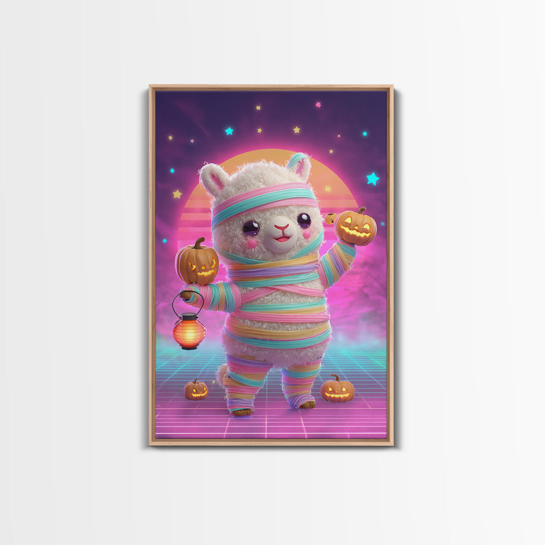 The Llama Mummy, Cute Spooky Neon Art, Vertical Wall Art, Framed Canvas Print, Retro Halloween Decor, Neon Wall Art, Macabre Wall Art