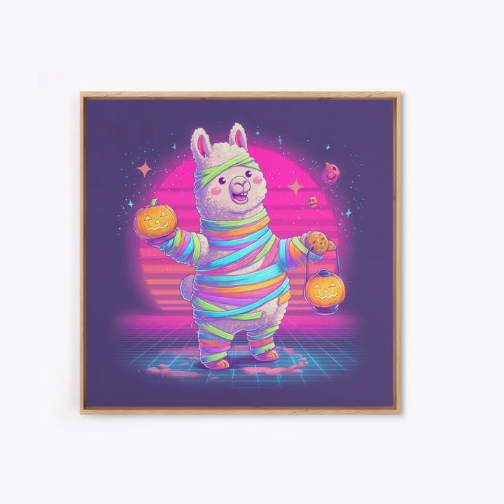 The Llama Mummy, Synthwave Halloween Art, Square Wall Art, Framed Canvas Print, Retro Halloween Decor, Neon Wall Art, Collectible Wall Decor