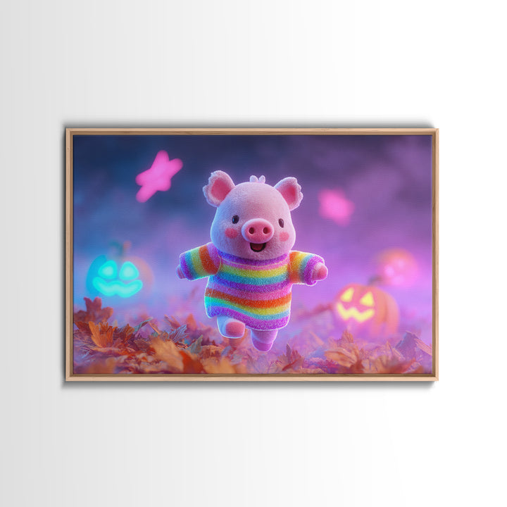 The Candy Corn Piglet, Cute Spooky Neon Art, Landscape Wall Art, Framed Canvas Print, Retro Halloween Decor, Neon Wall Art