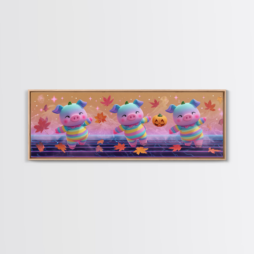 The Candy Corn Piglet, Synthwave Halloween Art, Extra Wide Wall Art, Framed Canvas Print, Retro Halloween Decor, Neon Wall Art