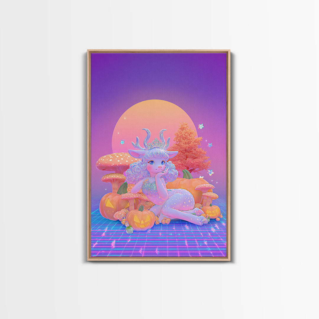 The Moon Princess Deer, Synthwave Halloween Art, Vertical Wall Art, Framed Canvas Print, Retro Halloween Decor, Neon Wall Art