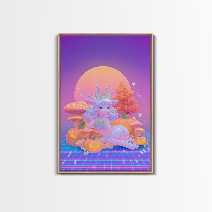 The Moon Princess Deer, Synthwave Halloween Art, Vertical Wall Art, Framed Canvas Print, Retro Halloween Decor, Neon Wall Art