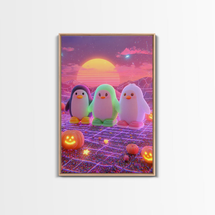 The Penguin Monster, Cute Spooky Neon Art, Vertical Wall Art, Framed Canvas Print, Retro Halloween Decor, Neon Wall Art, Gothic Home Decor