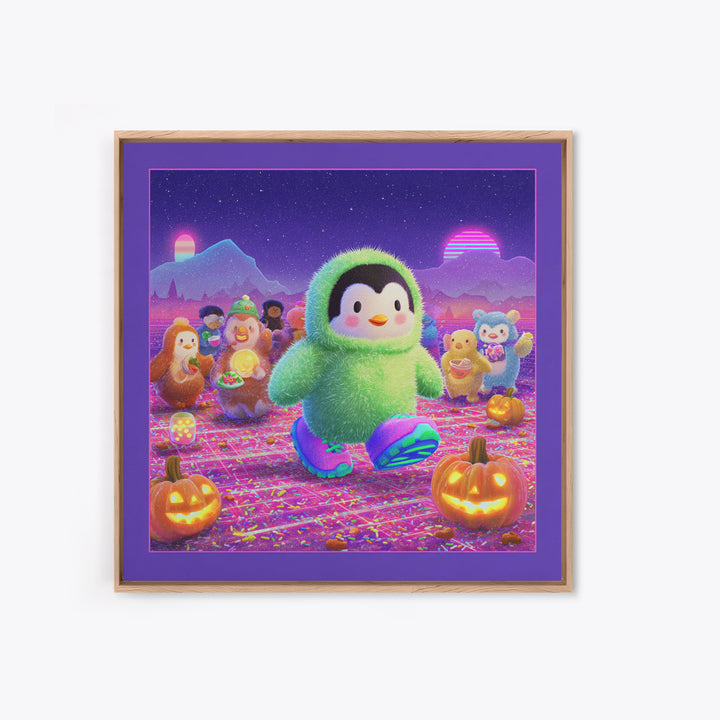 The Penguin Monster, Vaporwave Halloween Decor, Square Wall Art, Canvas Print, Retro Halloween Decor, Neon Wall Art, Gothic Home Decor