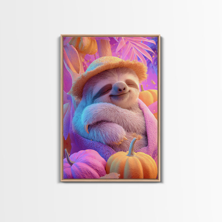 The Scarecrow Sloth, 80s Halloween Wall Art, Vertical Wall Art, Canvas Print, Retro Halloween Decor, Neon Wall Art, Gothic Home Decor