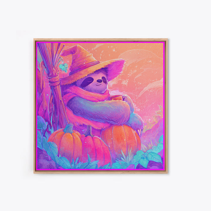 The Scarecrow Sloth, Cute Spooky Neon Art, Square Wall Art, Framed Canvas Print, Retro Halloween Decor, Neon Wall Art, Spooky Wall Decor