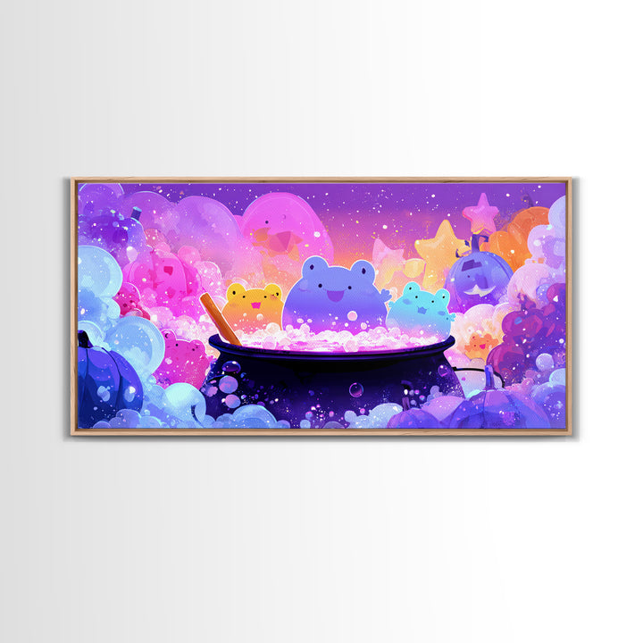 The Cauldron Frog, 80s Halloween Wall Art, Wide Panoramic Art, Canvas Print, Retro Halloween Decor, Neon Wall Art, Seasonal Home Decor