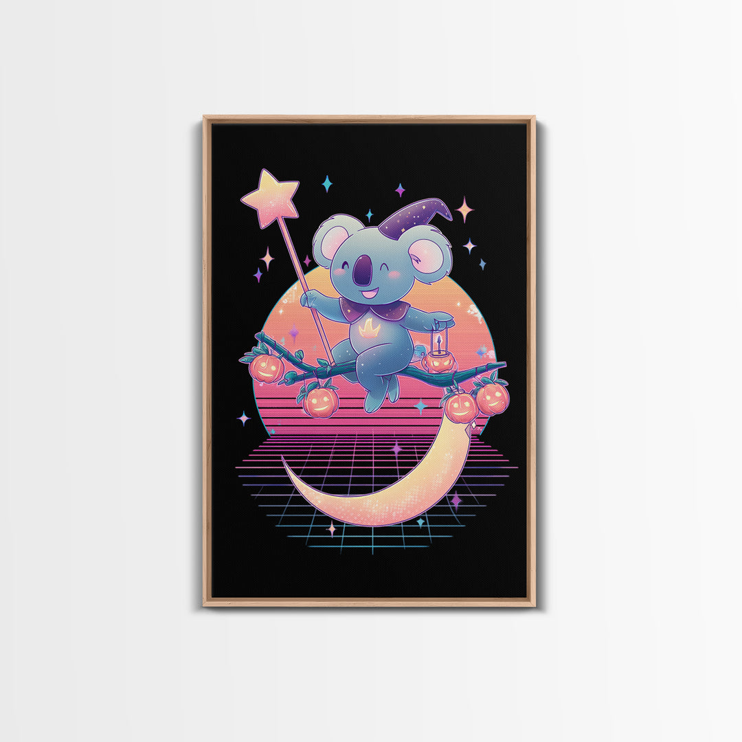The Koala Wizard, Retro Neon Halloween Art, Vertical Wall Art, Canvas Print, Retro Halloween Decor, Neon Wall Art, Statement Wall Art