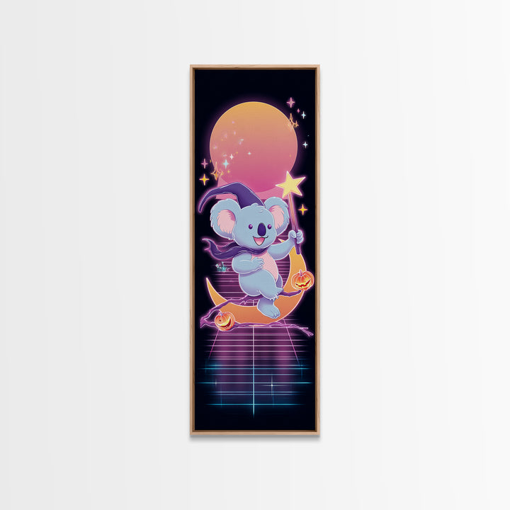 The Koala Wizard, Synthwave Halloween Art, Tall Narrow Wall Art, Canvas Print, Retro Halloween Decor, Neon Wall Art, Spooky Wall Decor