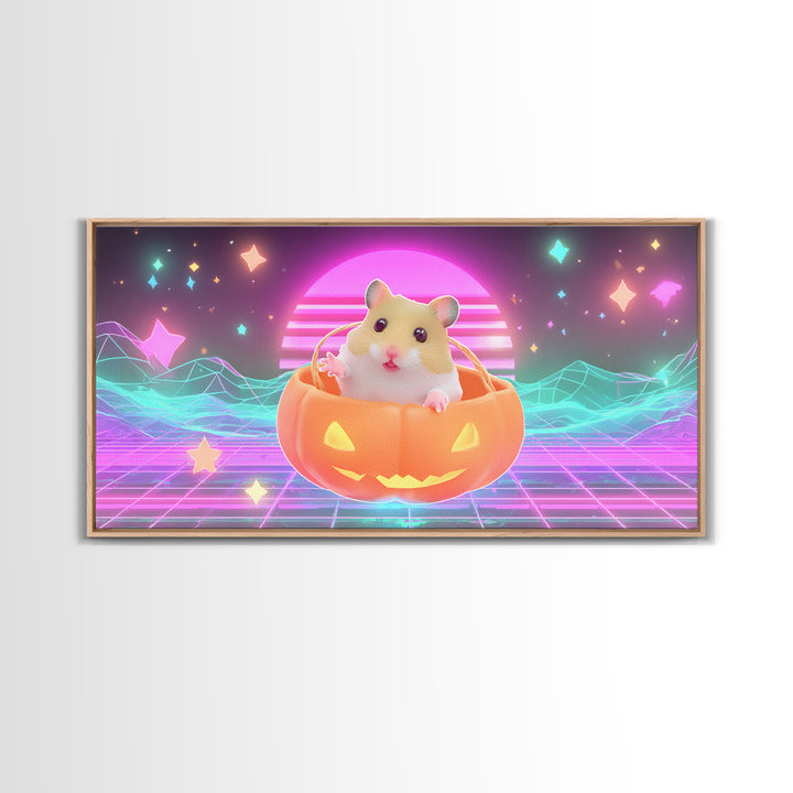The Pumpkin Hamster, Retro Neon Halloween Art, Wide Panoramic Art, Framed Canvas Print, Retro Halloween Decor, Neon Wall Art