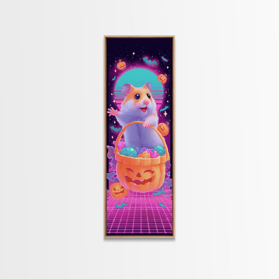 The Pumpkin Hamster, Synthwave Halloween Art, Tall Narrow Wall Art, Framed Canvas Print, Retro Halloween Decor, Neon Wall Art