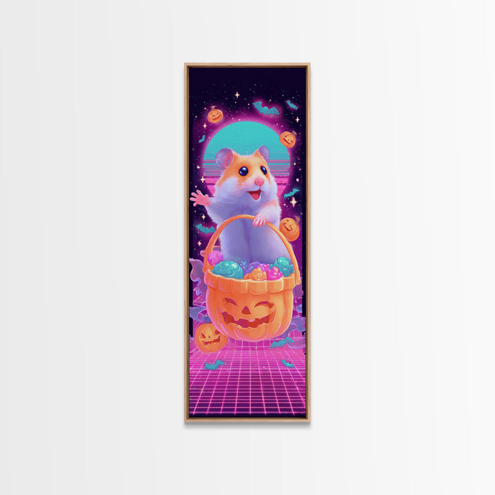 The Pumpkin Hamster, Synthwave Halloween Art, Tall Narrow Wall Art, Framed Canvas Print, Retro Halloween Decor, Neon Wall Art