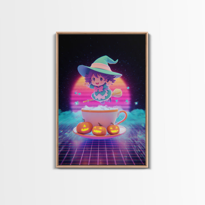 The Teacup Witch, Cute Spooky Neon Art, Vertical Wall Art, Framed Canvas Print, Retro Halloween Decor, Neon Wall Art, Seasonal Home Decor