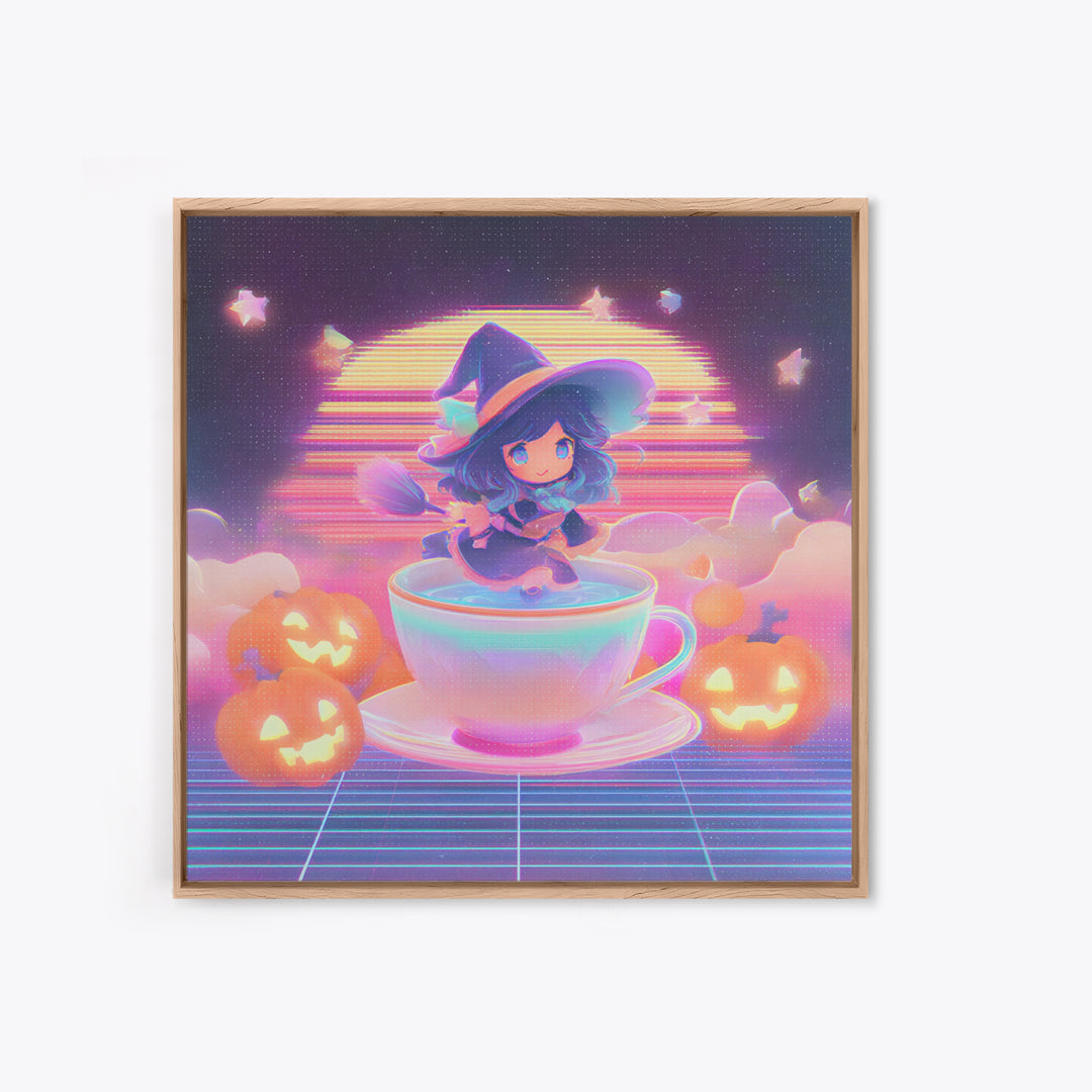 The Teacup Witch, Retro Neon Halloween Art, Square Wall Art, Framed Canvas Print, Retro Halloween Decor, Neon Wall Art