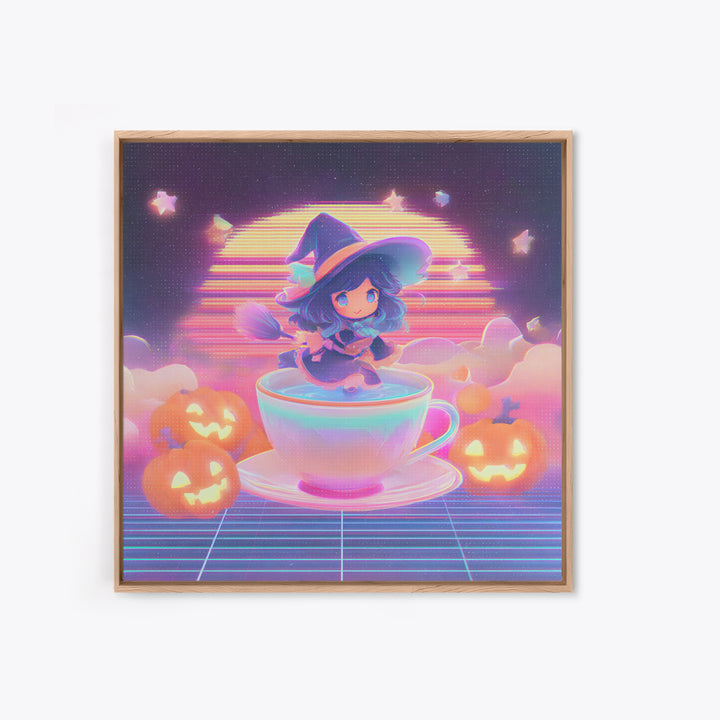 The Teacup Witch, Retro Neon Halloween Art, Square Wall Art, Framed Canvas Print, Retro Halloween Decor, Neon Wall Art