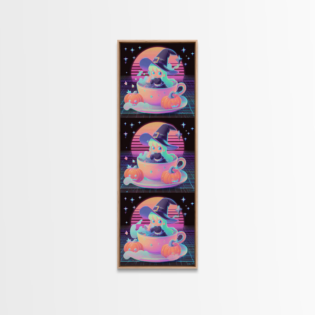 The Teacup Witch, Retro Neon Halloween Art, Tall Narrow Wall Art, Framed Canvas Print, Retro Halloween Decor, Neon Wall Art