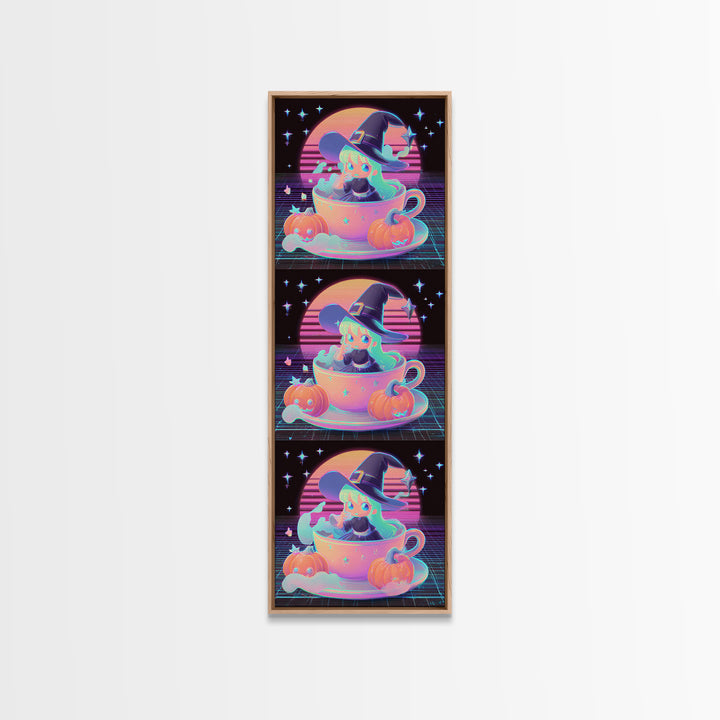 The Teacup Witch, Retro Neon Halloween Art, Tall Narrow Wall Art, Framed Canvas Print, Retro Halloween Decor, Neon Wall Art