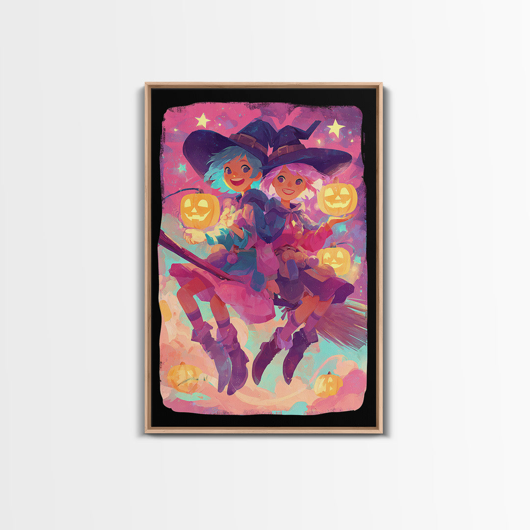 The Twin Broomstick Witches, 80s Halloween Wall Art, Vertical Wall Art, Framed Canvas Print, Retro Halloween Decor, Neon Wall Art