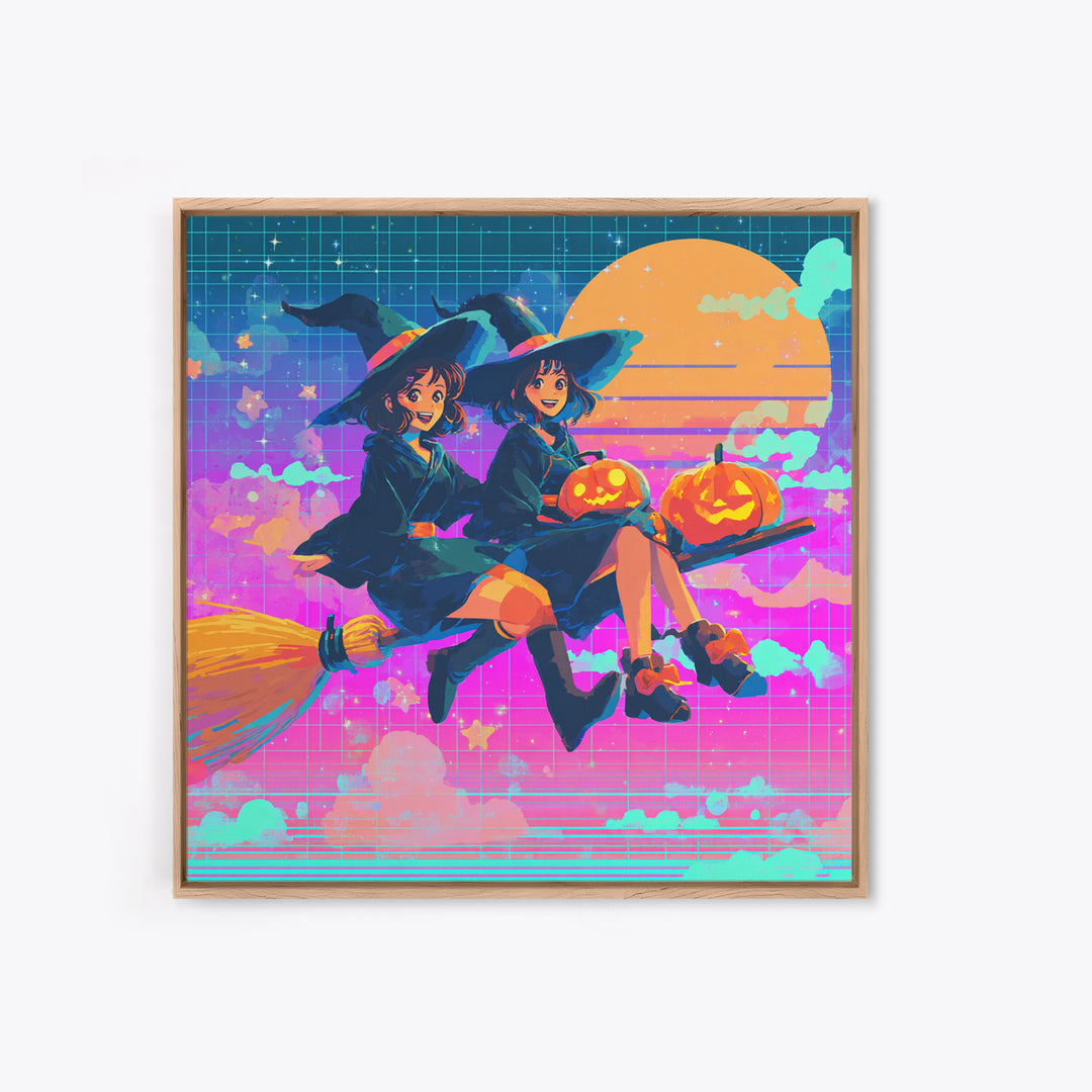 The Twin Broomstick Witches, Vaporwave Halloween Decor, Square Wall Art, Canvas Print, Retro Halloween Decor, Neon Wall Art