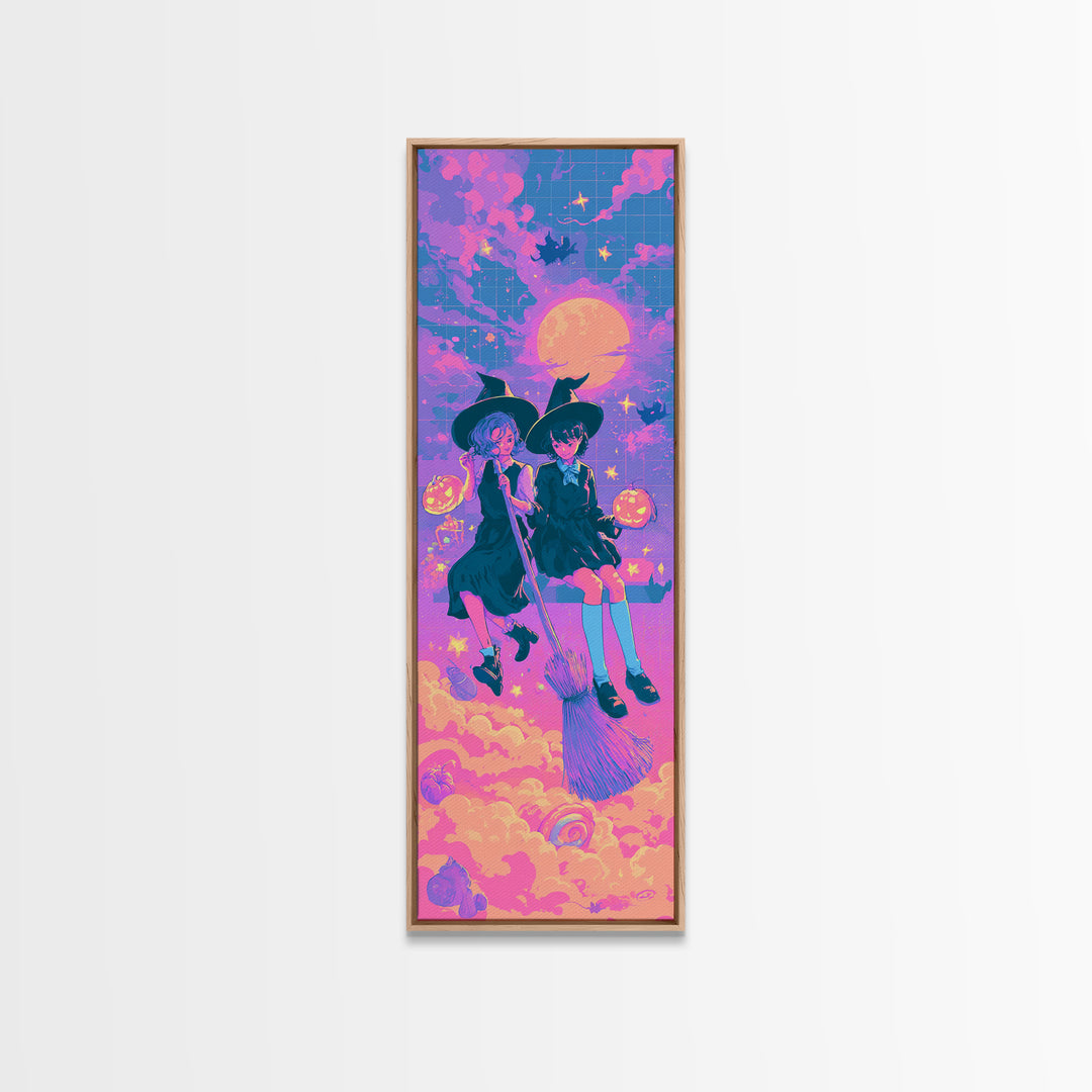 The Twin Broomstick Witches, Cute Spooky Neon Art, Tall Narrow Wall Art, Canvas Print, Retro Halloween Decor, Neon Wall Art